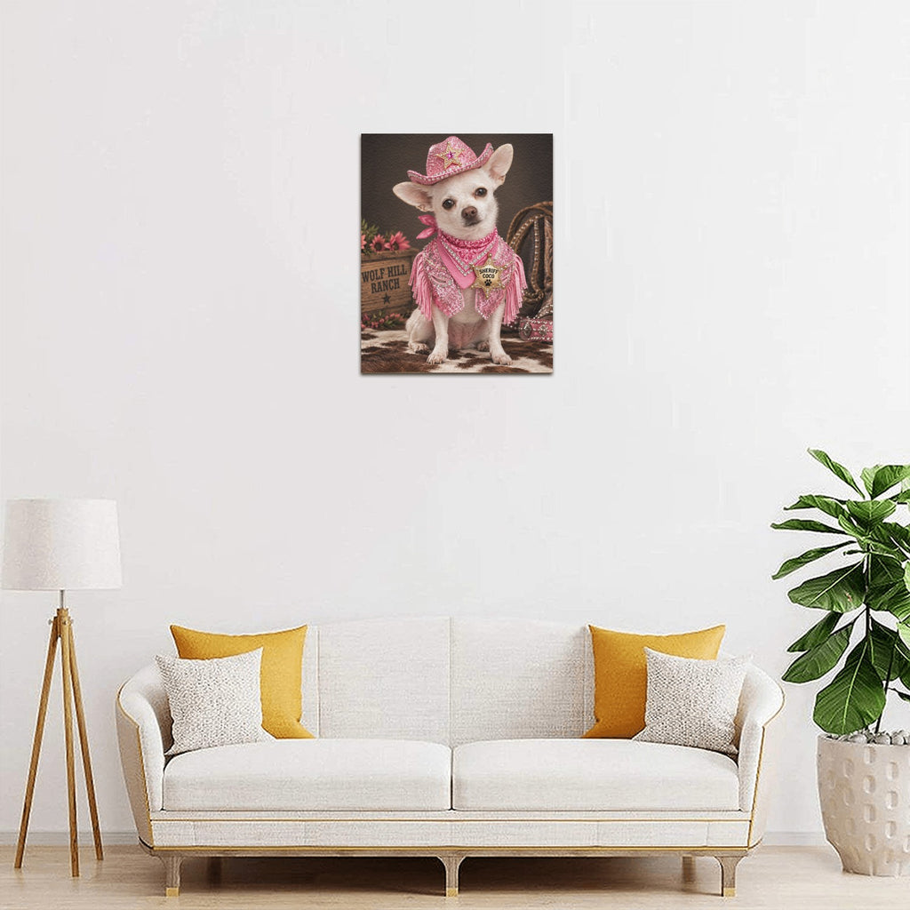 Frame Canvas Print 8"x10"(Made in USA)      Sheriff Coco Western Canvas Wall Art – Pink Cowgirl Chihuahua Ranch Decor – Western Dog Lover Home Decor