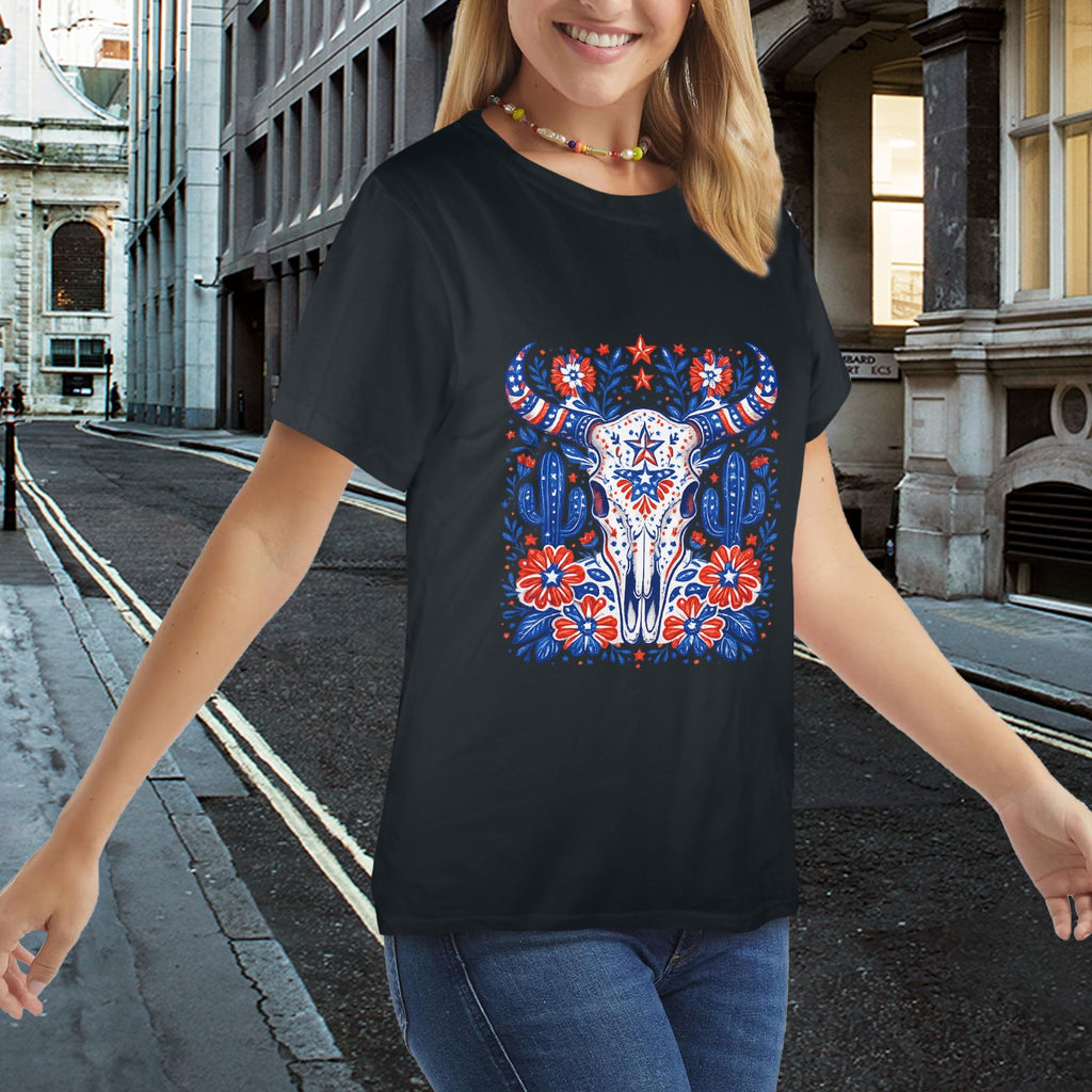 Patriotic Bull Skull T-Shirt — Western Folk Art Floral Longhorn Tee