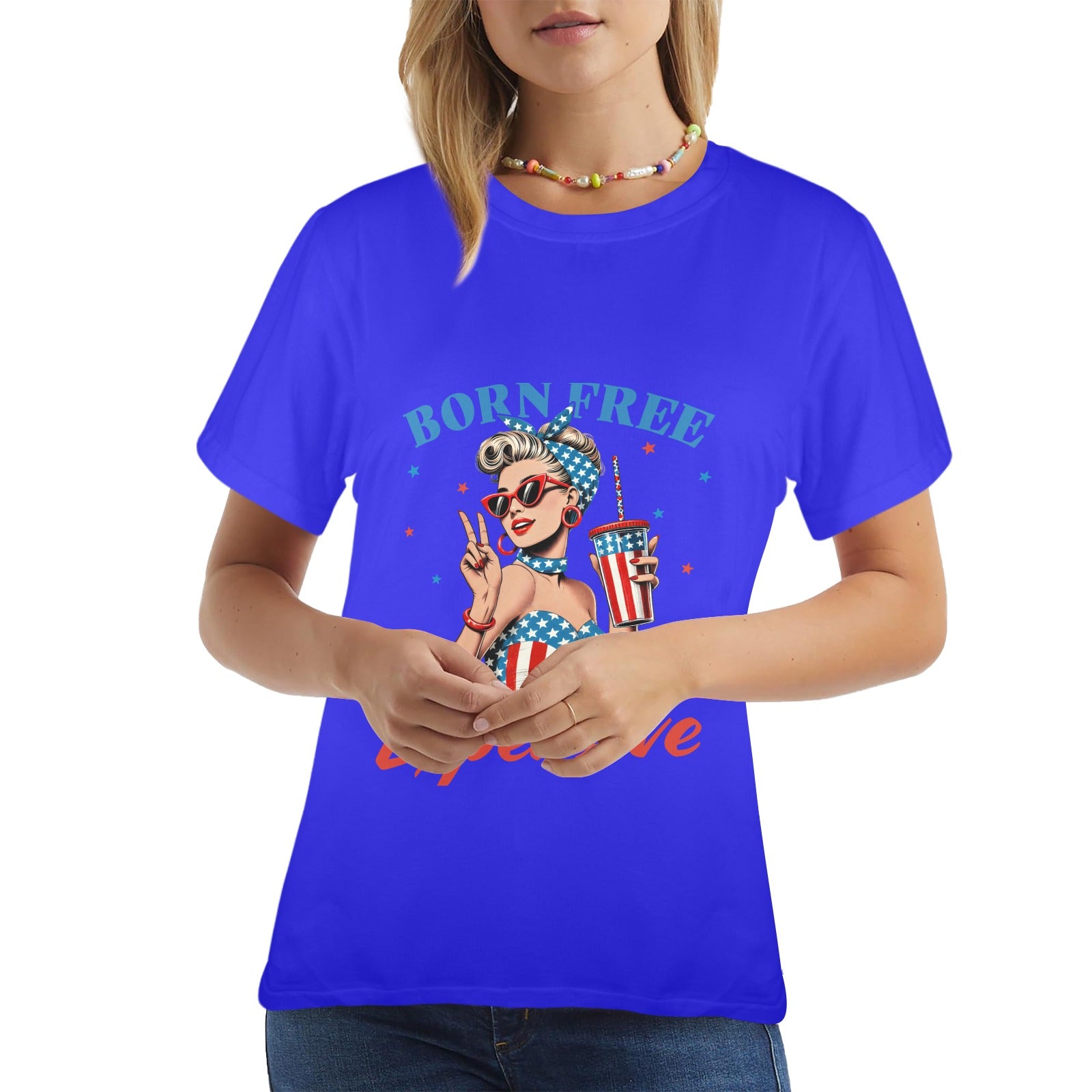 Born Free But Now I'm Expensive  Patriotic Pin-Up Graphic T-Shirt ladies
