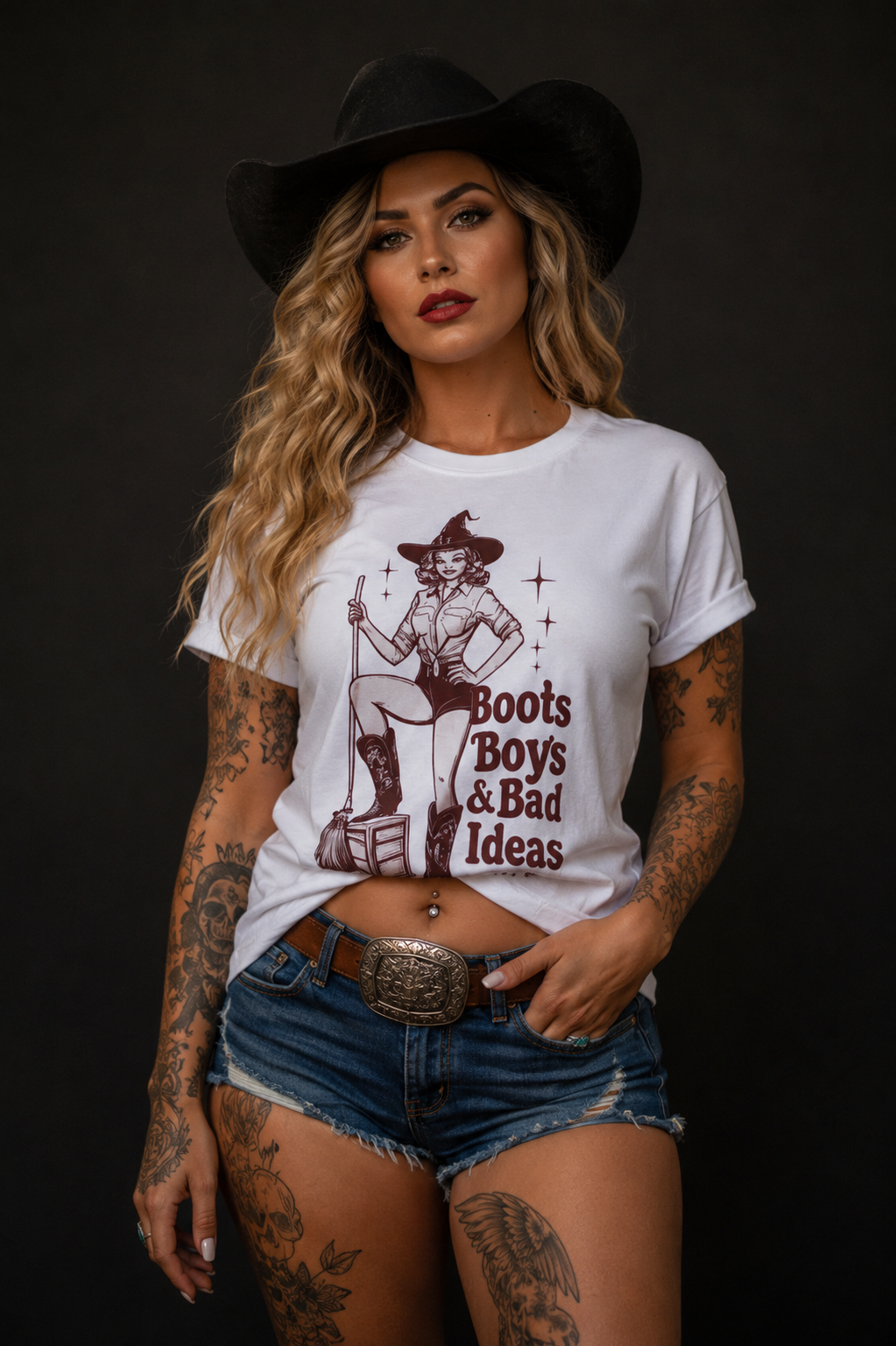"Boots Boys & Bad Ideas" Cowgirl Witch Halloween T-Shirt — Vintage Country Cowgirl Spooky Season Tee by Wolf Hill Designs