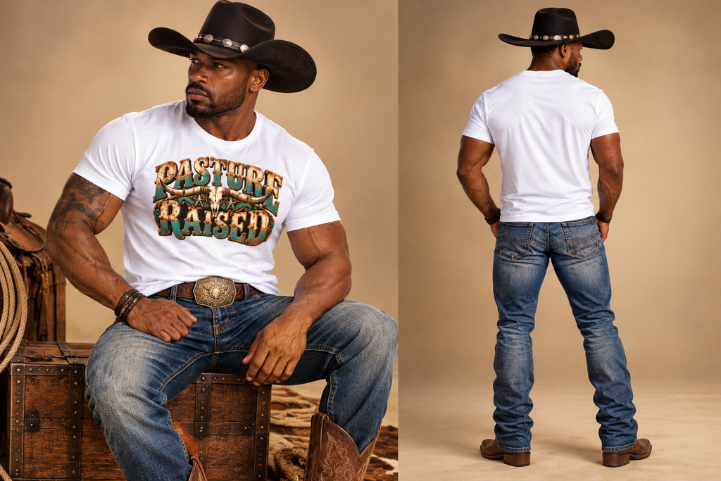 Pasture Raised Men’s T-Shirt  Vintage Western Longhorn Skull Ranch Graphic Tee