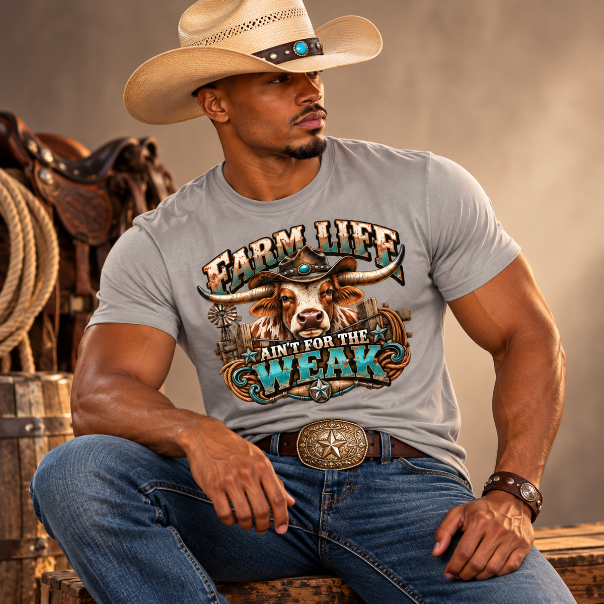 Farm Life Ain’t for the Weak Men’s Western T-Shirt – Longhorn Cowboy Ranch Graphic Tee