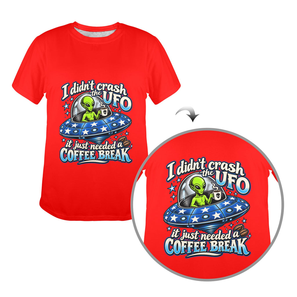 Alien Coffee Break Ladies T-Shirt  Funny UFO Retro Alien Coffee Lover Graphic Tee