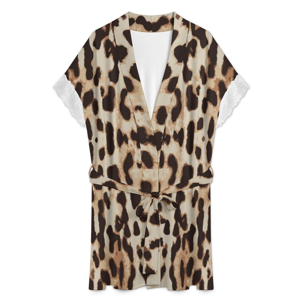 Wild Satin Seduction Women's lace-trimmed short-sleeved bathrobe with belt