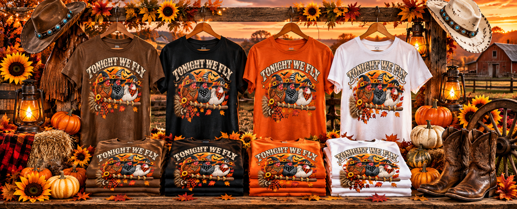 Tonight We Fly Witchy Hens Ladies Halloween T-Shirt Western Farm  (Ships to USA Only)