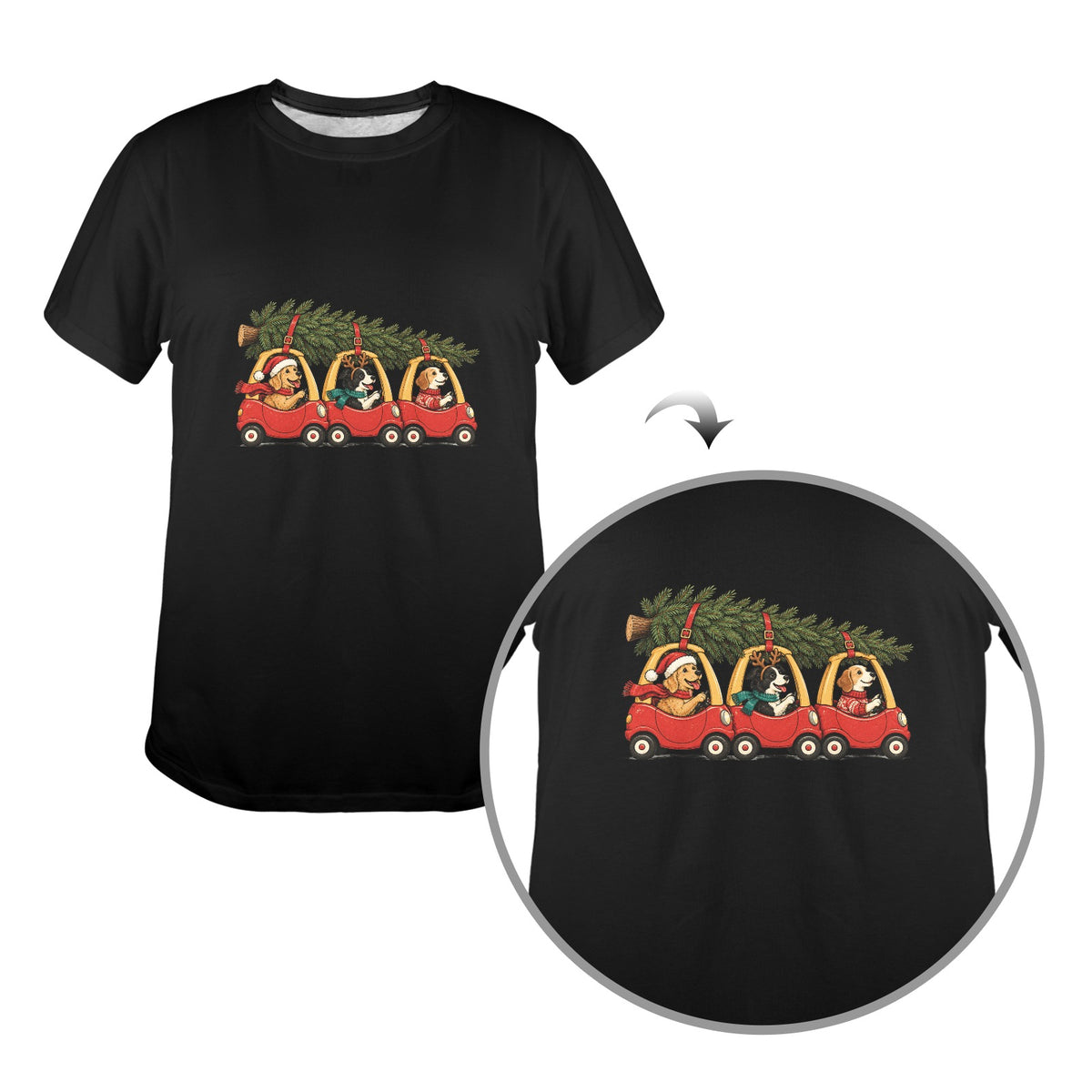 Cute Christmas Dogs Women’s T-Shirt – Holiday Puppies Christmas Tree Graphic Tee