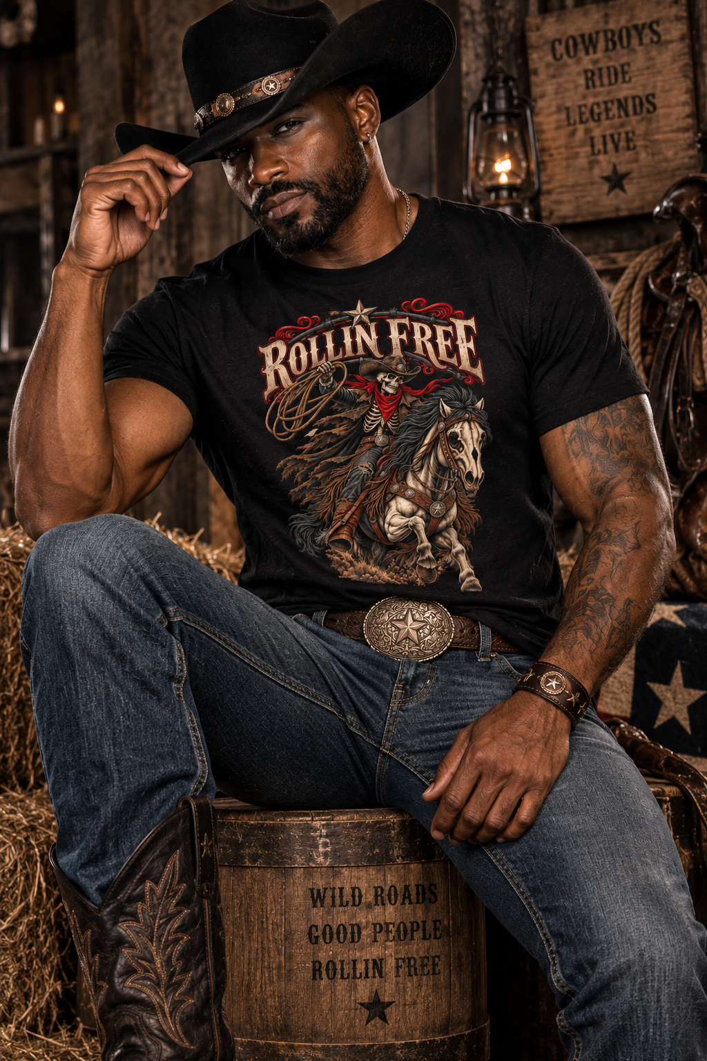 Rollin' Free Skeleton Cowboy Tee — Unisex Western Graphic T-Shirt