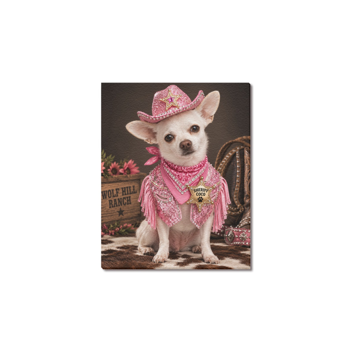 Frame Canvas Print 8"x10"(Made in USA)      Sheriff Coco Western Canvas Wall Art – Pink Cowgirl Chihuahua Ranch Decor – Western Dog Lover Home Decor