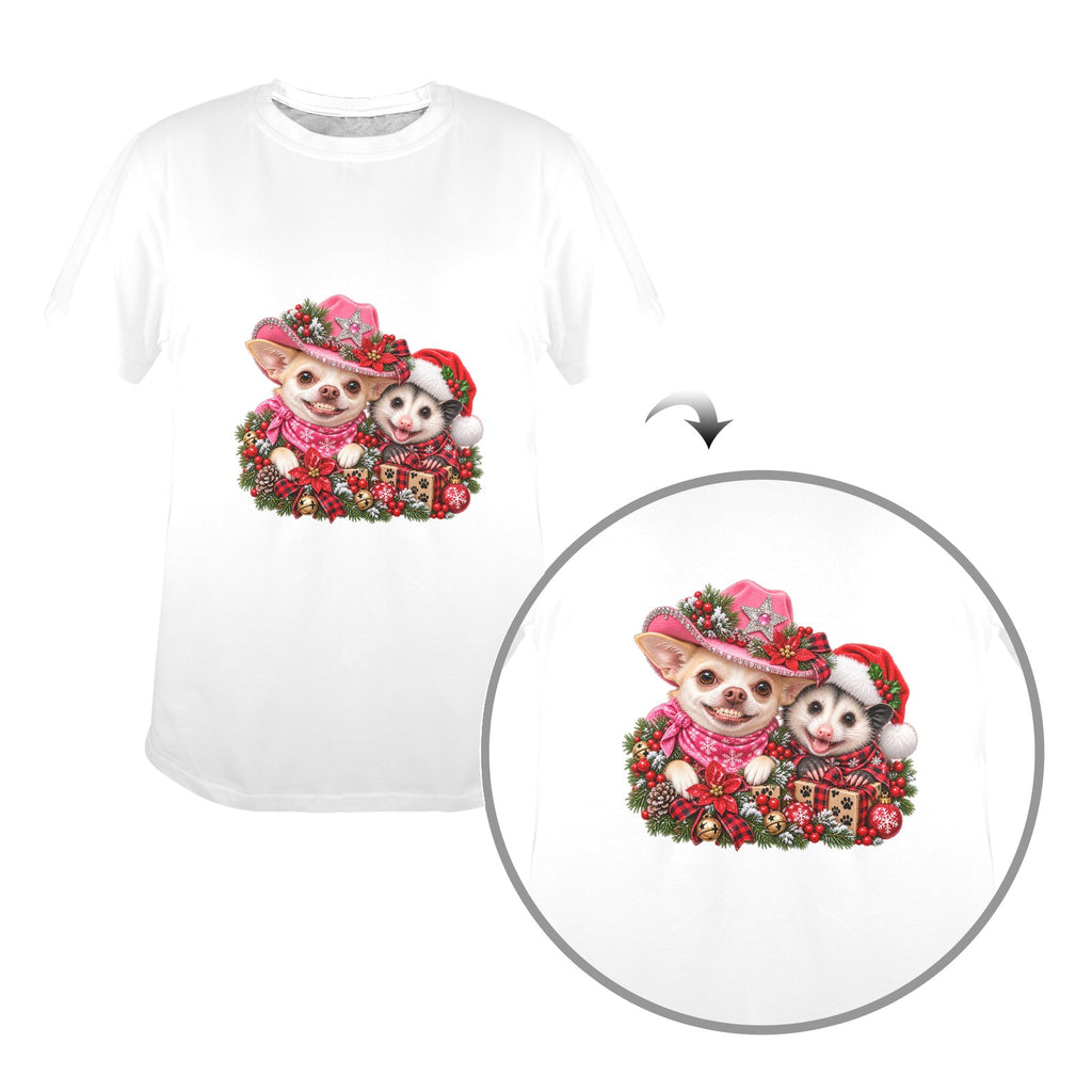 Coco & Pete’s Christmas Shenanigans Ladies T-Shirt – Funny Western Chihuahua & Possum Holiday Tee