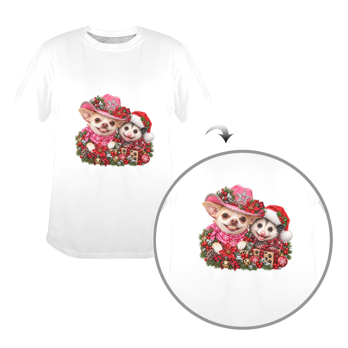 Coco & Pete’s Christmas Shenanigans Ladies T-Shirt – Funny Western Chihuahua & Possum Holiday Tee