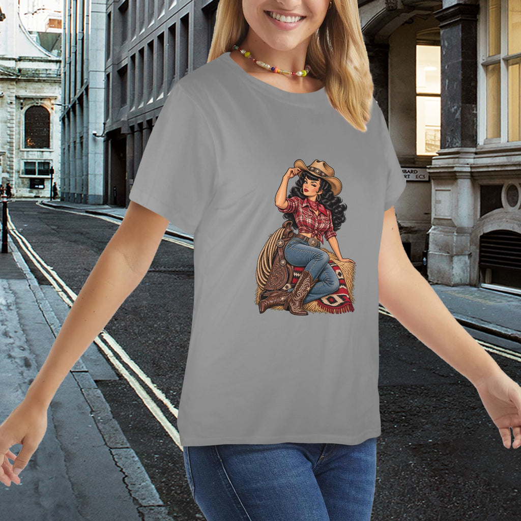 Red Plaid Rebel Cowgirl Women's T-Shirt — Retro Western Pin-Up Graphic Tee