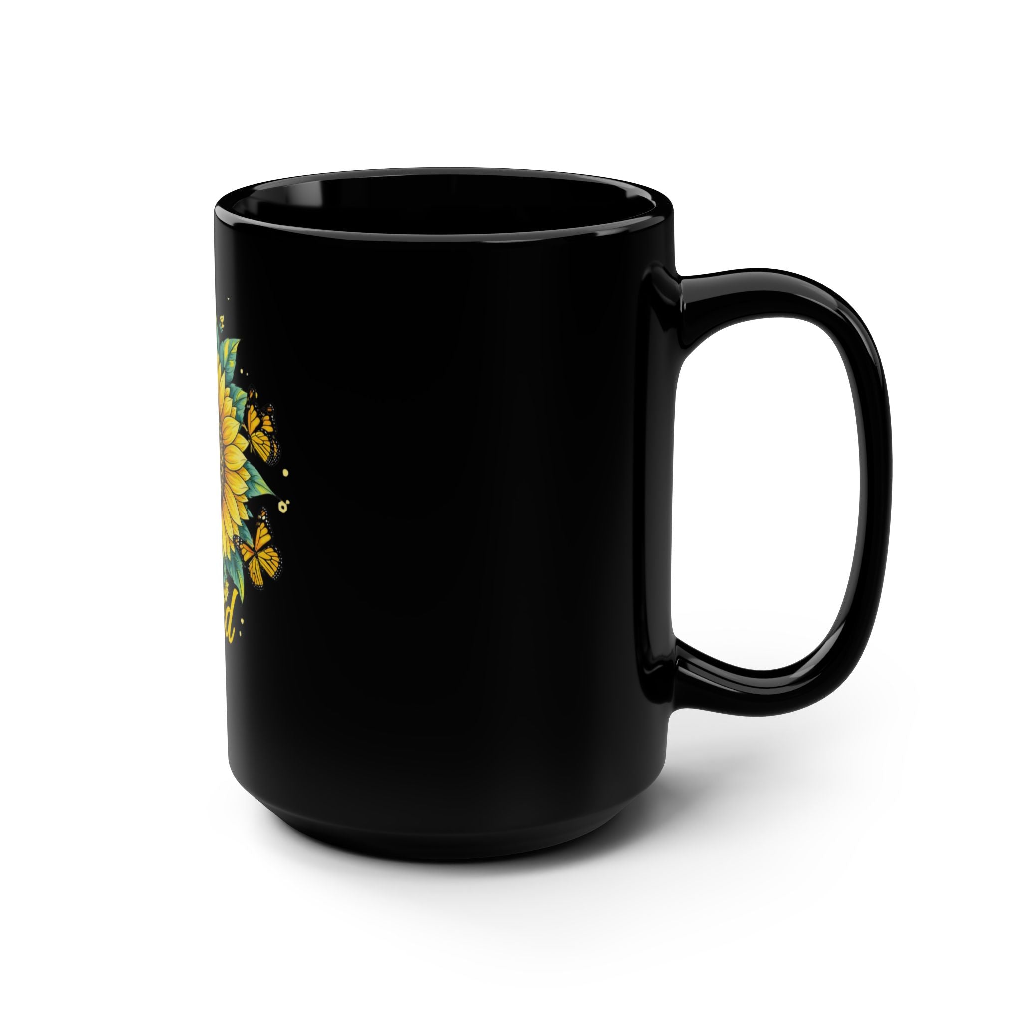 Loved Sunflower 15oz Black Coffee Mug — Inspirational Floral Gift