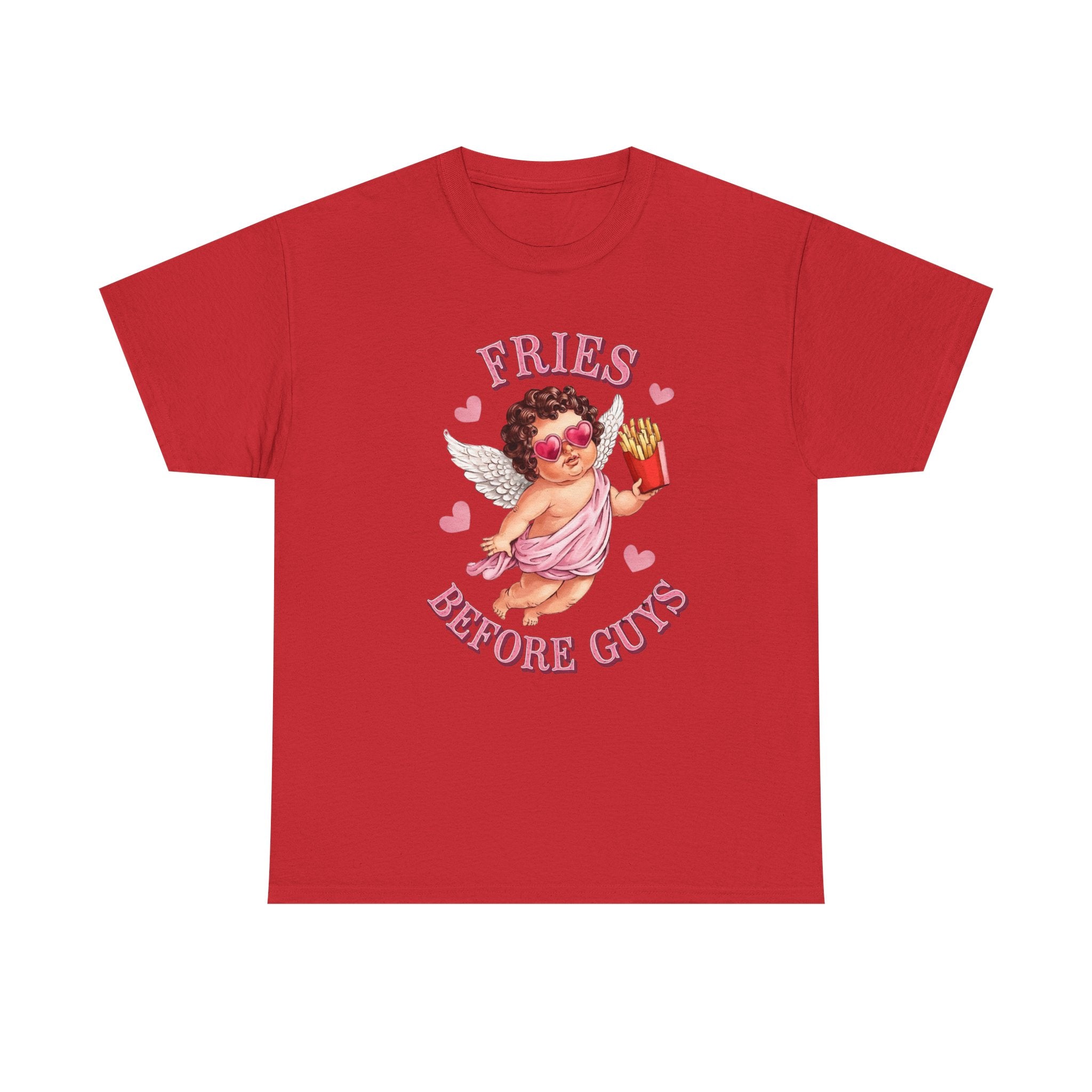 Fries Before Guys Valentine T‑Shirt — Cute Cupid with Fries Tee