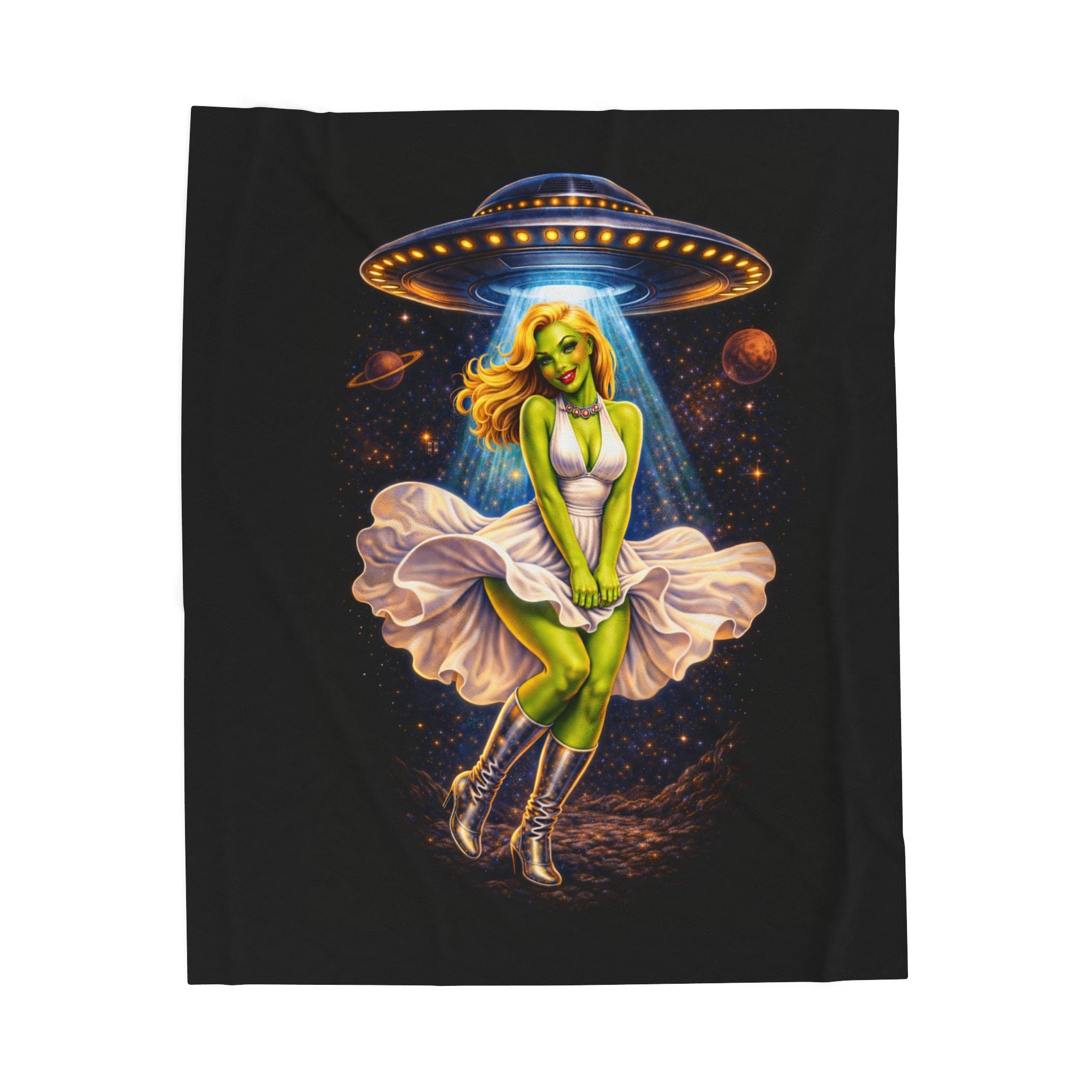 Alien Pinup Velveteen Plush Blanket —Galaxy Girl  Retro Cozy Throw