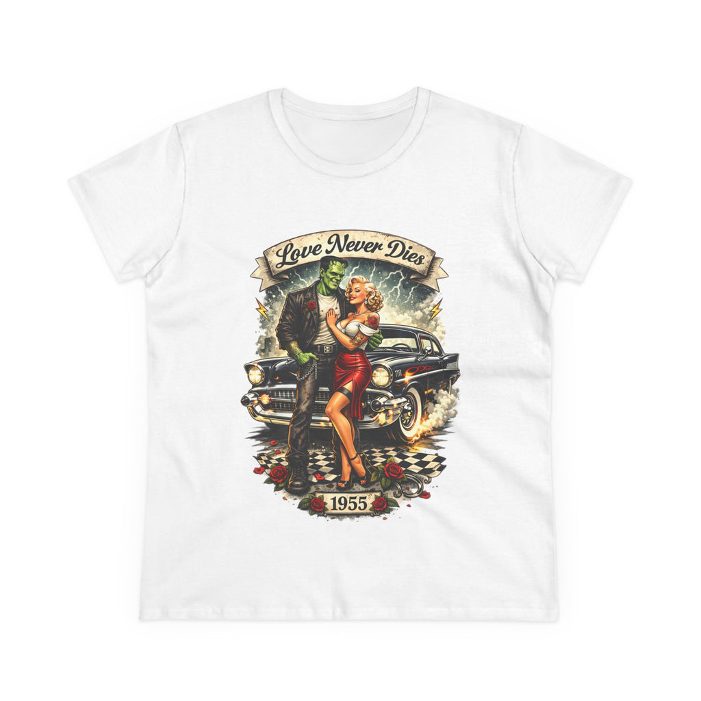 1955 Pinup Car Tee – "Love Never Dies" Vintage Rockabilly T-Shirt  LADIES