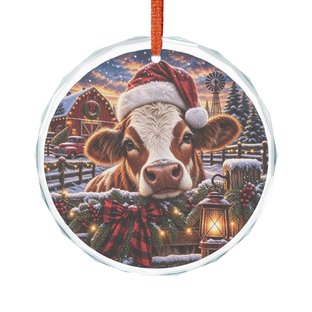 Farmhouse Cow Christmas Glass Ornament Festive Santa Hat Holiday Decor