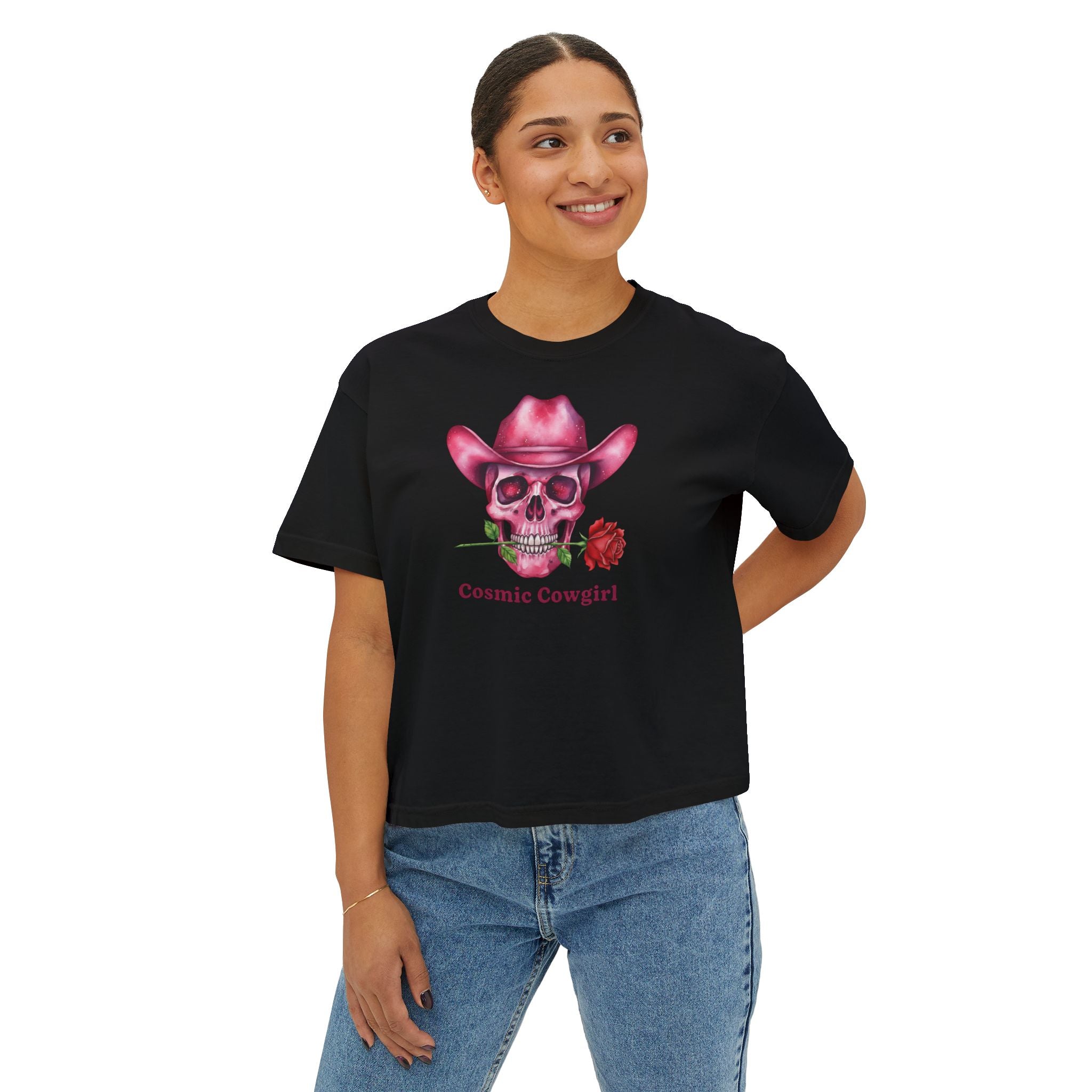 Cosmic Cowgirl Skull Tee — Women's Boxy Graphic T-Shirt