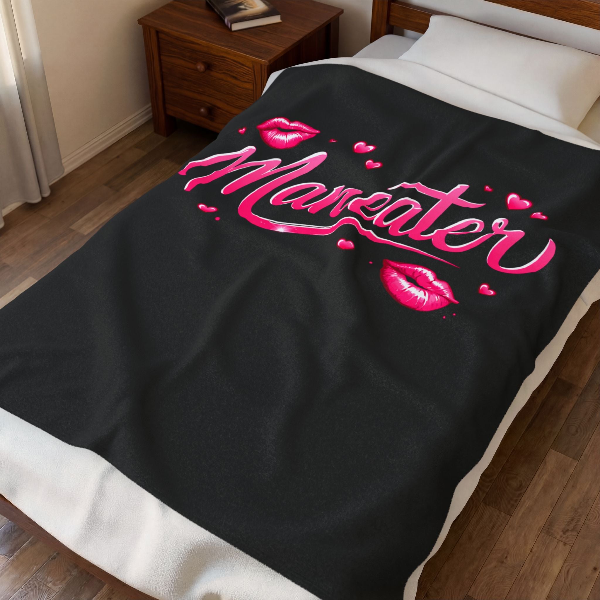 Maneater Velveteen Plush Blanket — Pink Script & Kiss Design, Cozy Gift for Her throw