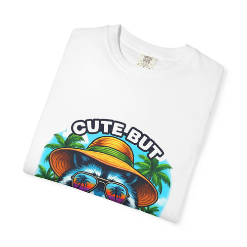 "Cute But Feral" Raccoon Straw Hat Sunglasses Tropical T-Shirt — Funny Feral Raccoon Summer Humor Tee | Wolf Hill Designs
