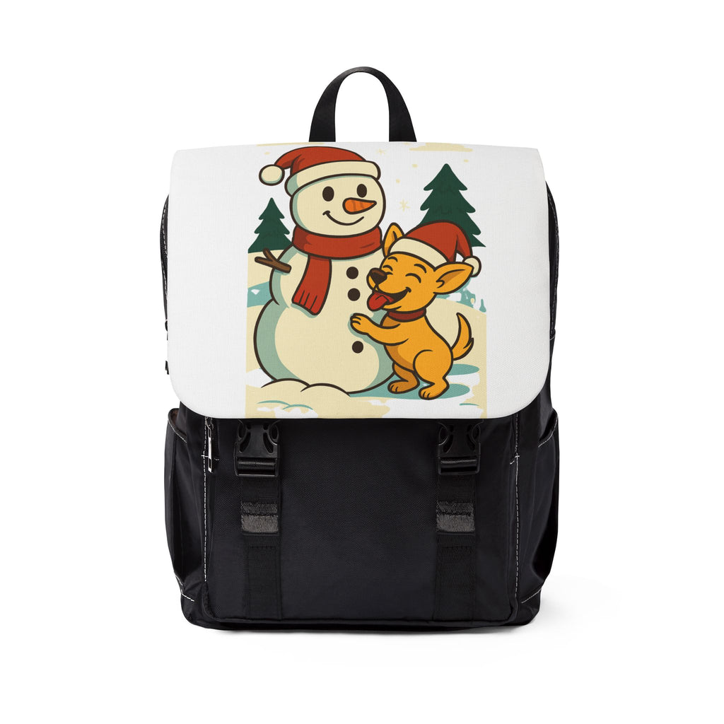 Festive Unisex Casual Shoulder Backpack with Snowman and Dog Design | Holiday Gift, Cute Backpack, Winter Accessory, Casual Bag