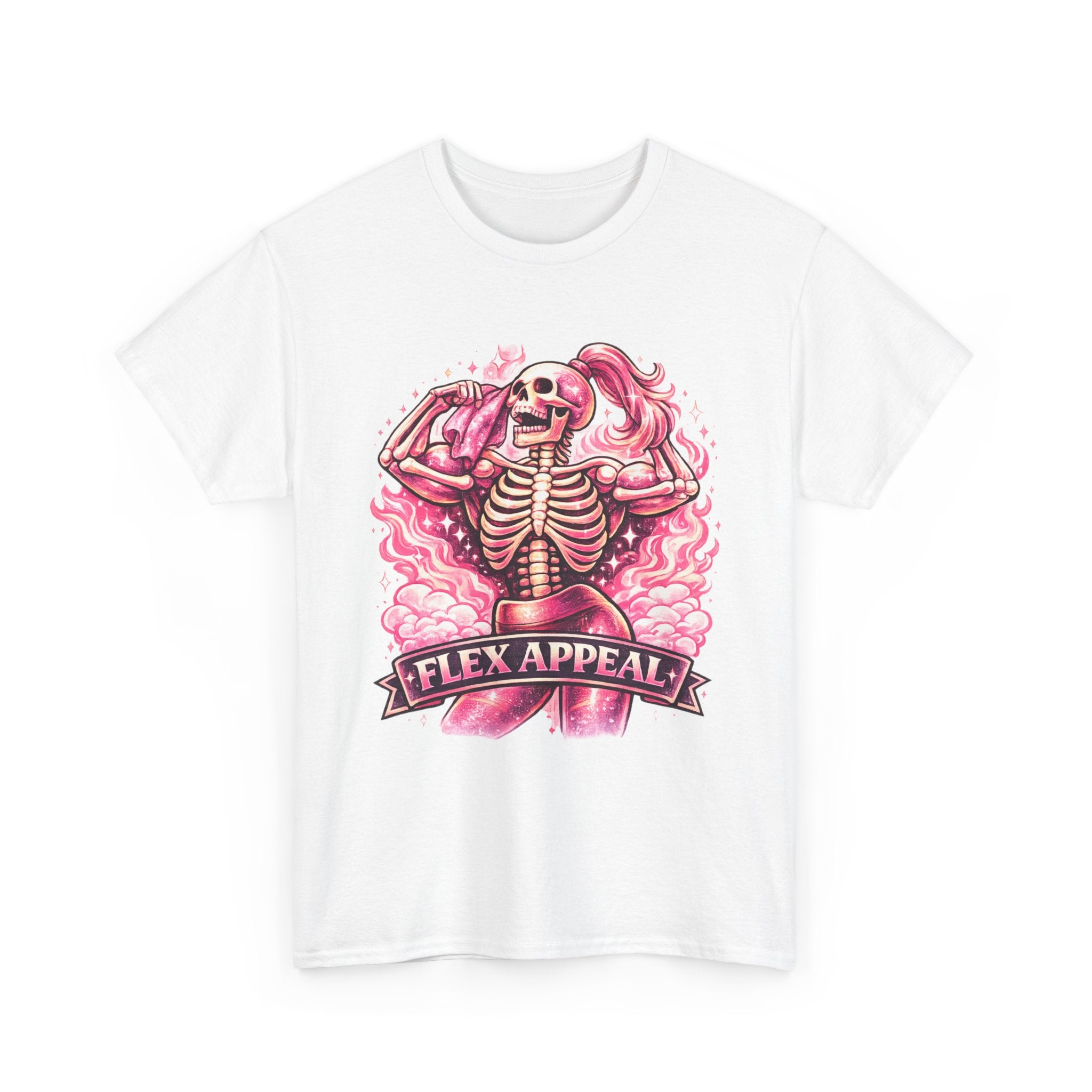 Flex Appeal Skeleton Tee — Pink Retro Gym Humor T‑Shirt