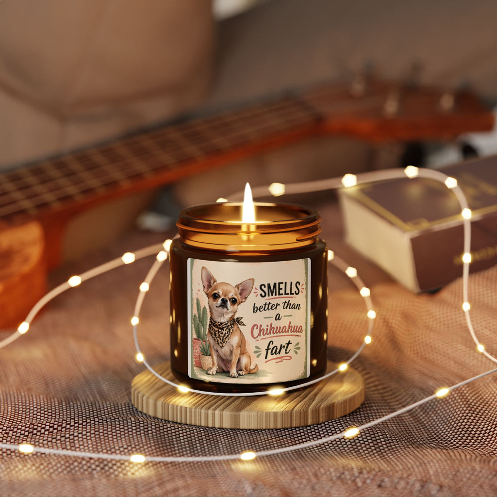 Chihuahua Candle — 'Smells Better Than a Chihuahua Fart' Scented Soy Candle (Amber Jar)