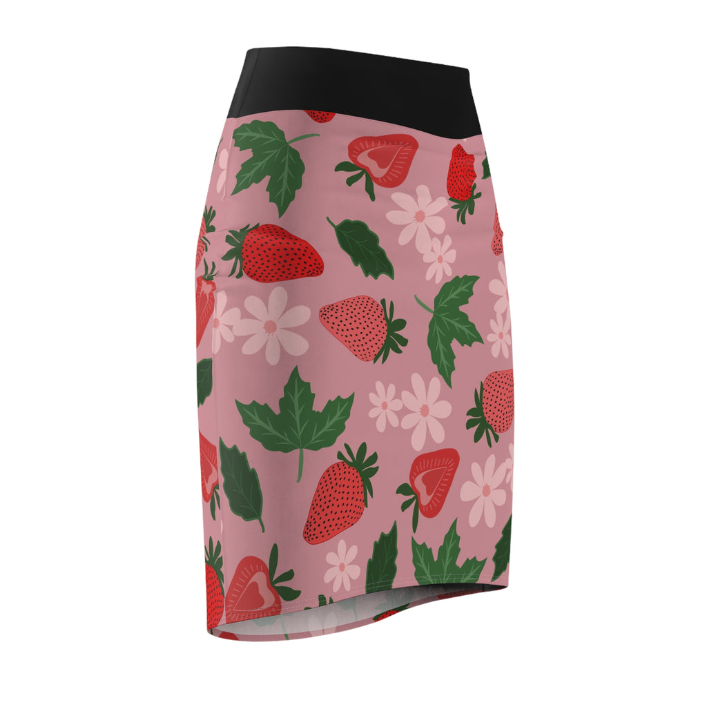 Strawberry Bloom Pencil Skirt  Pink Floral Strawberry Print