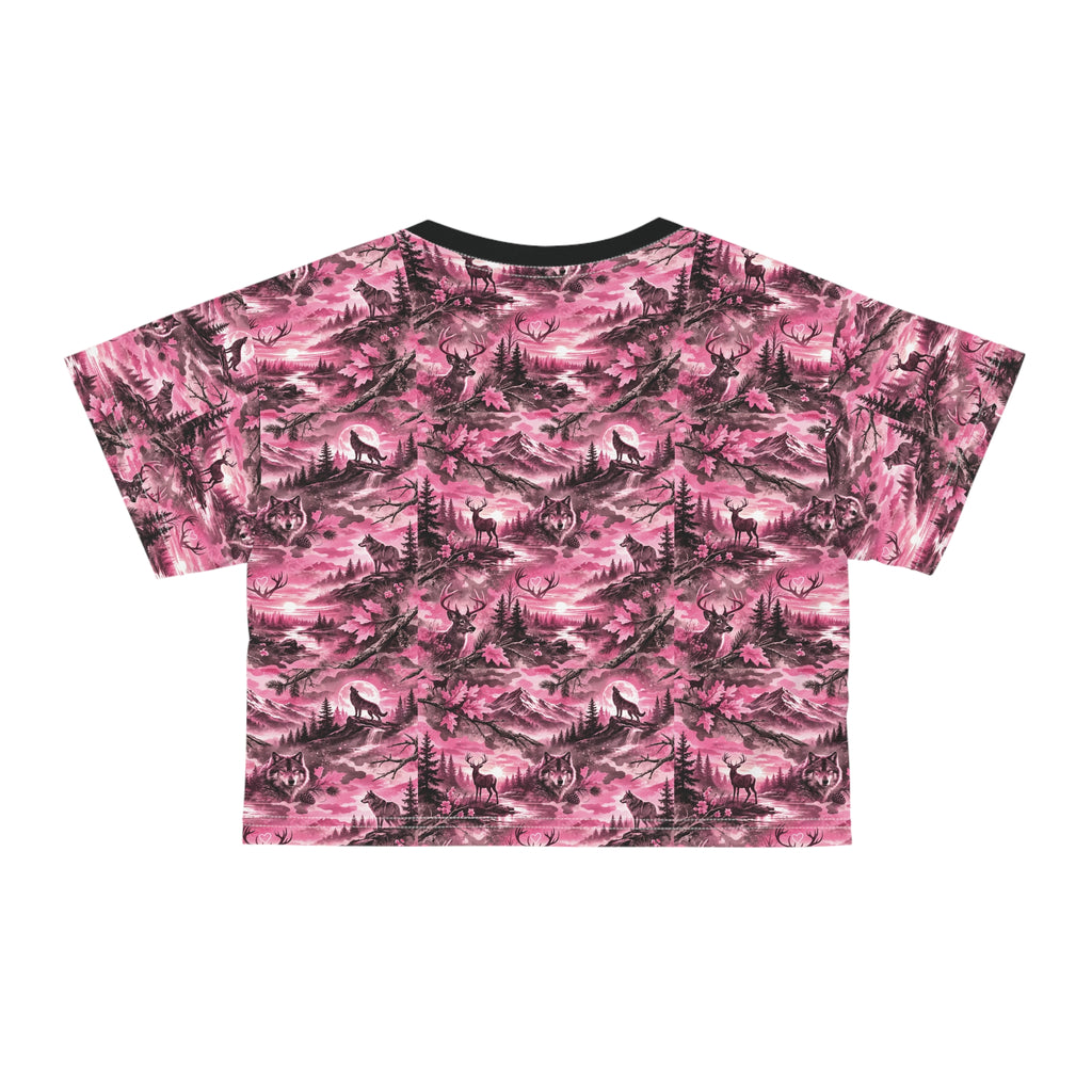 Pink Mountain Landscape Crop Tee — Vintage Wilderness All-Over Print
