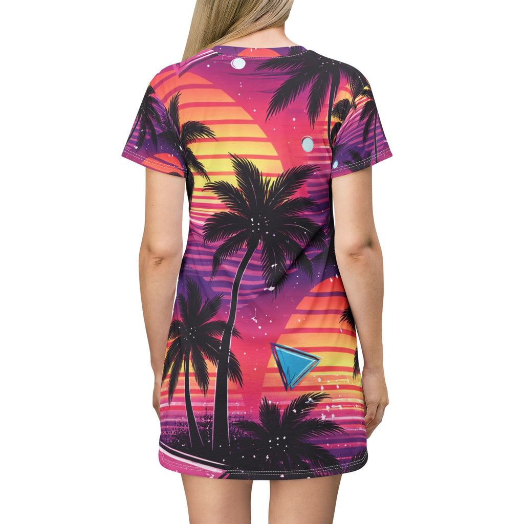 Retro Sunset Palm T-Shirt Dress — Vibrant 80s Tropical Beach Print