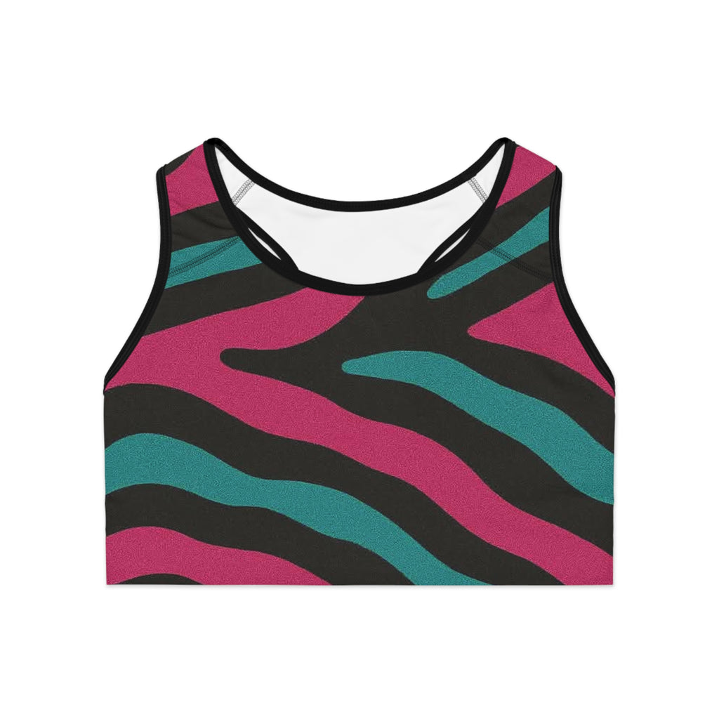 Bold Teal & Magenta Zebra Print Sports Bra – All-Over Print Workout Crop