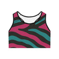 Bold Teal & Magenta Zebra Print Sports Bra – All-Over Print Workout Crop
