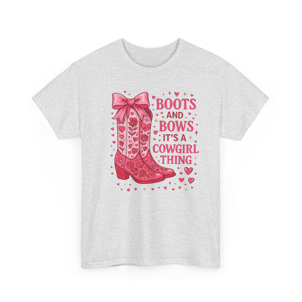 Cowgirl Boots and Bows T‑Shirt — "Boots and Bows, It's a Cowgirl Thing" Pink Western Tee  Trendy Farm
