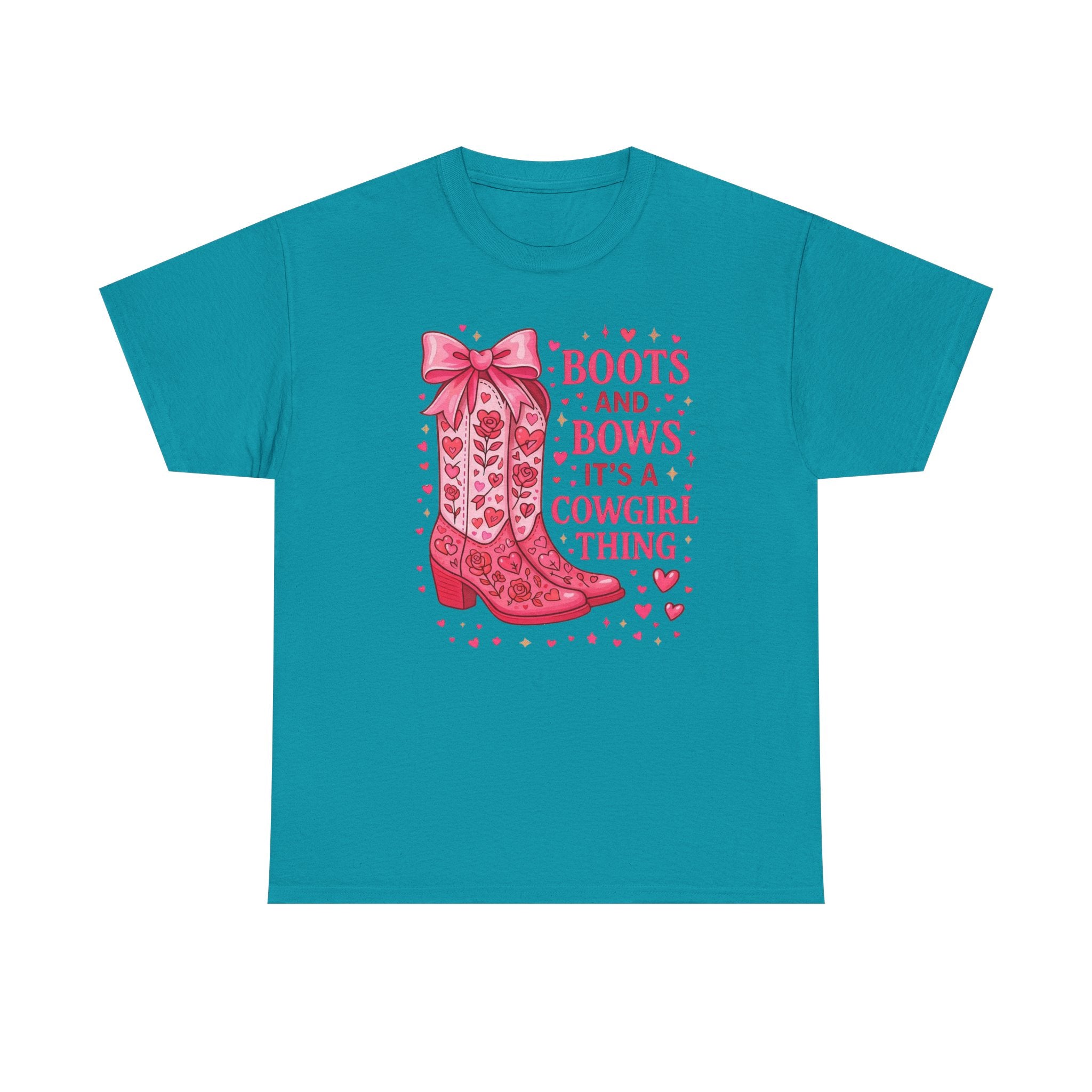 Cowgirl Boots and Bows T‑Shirt — "Boots and Bows, It's a Cowgirl Thing" Pink Western Tee  Trendy Farm