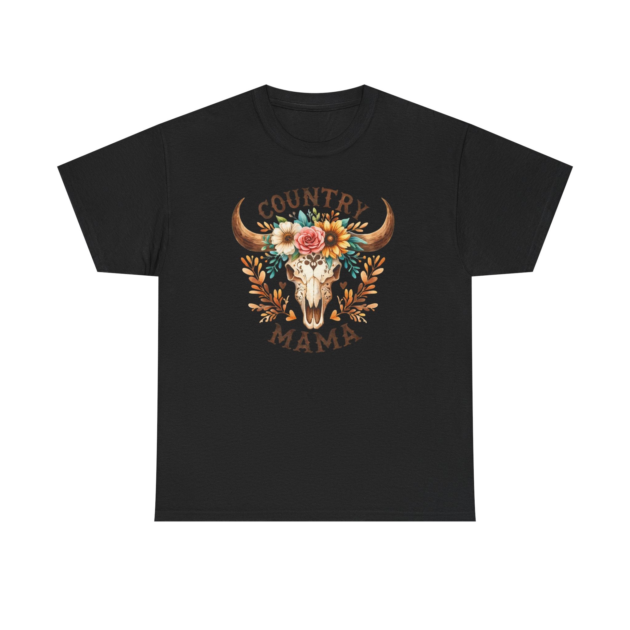 Country Mama T‑Shirt — Floral Steer Skull Design for Moms (Mother's Day, Farm Life)