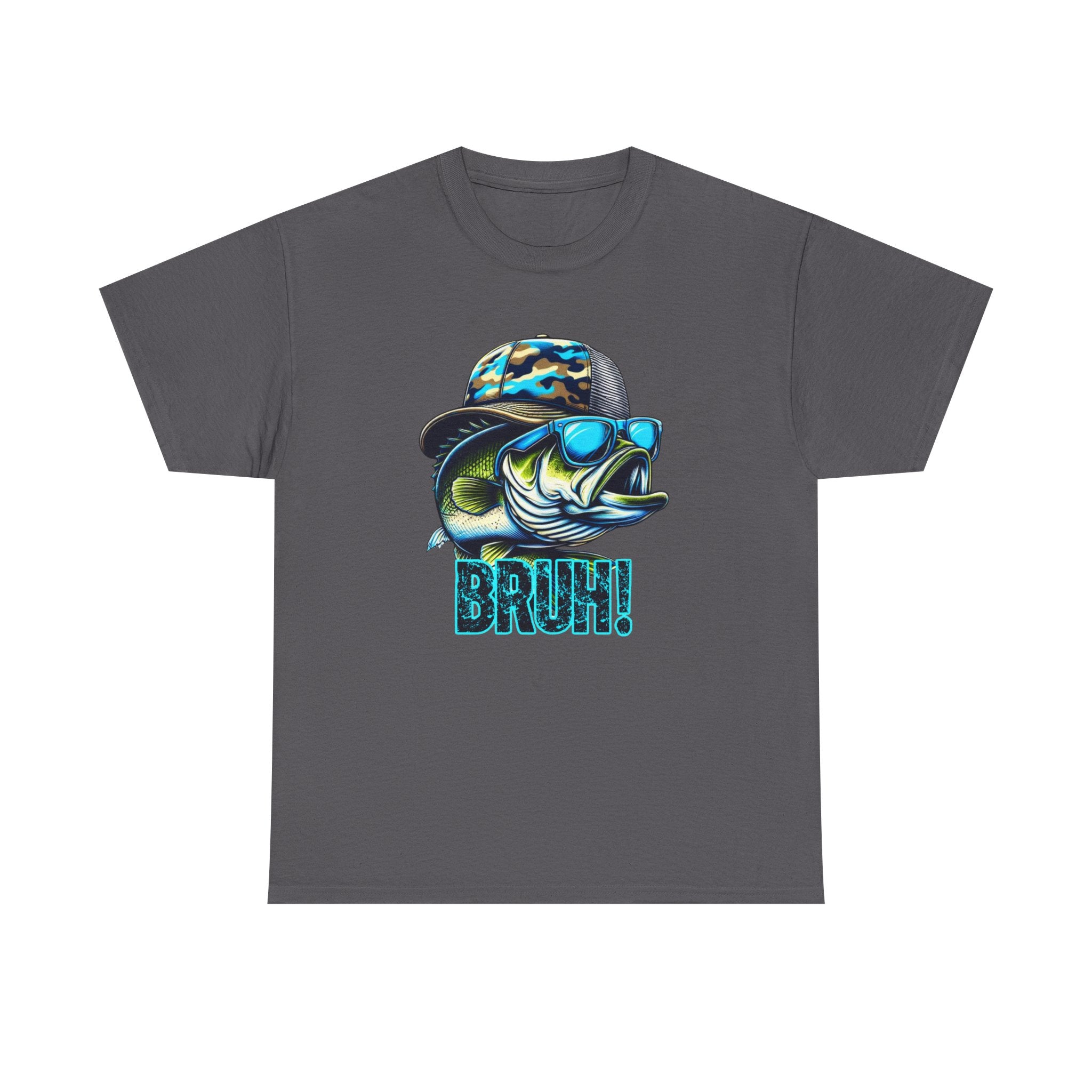 Fishing Fish Graphic Tee — 'BRUH!' Bass with Camo Hat & Sunglasses