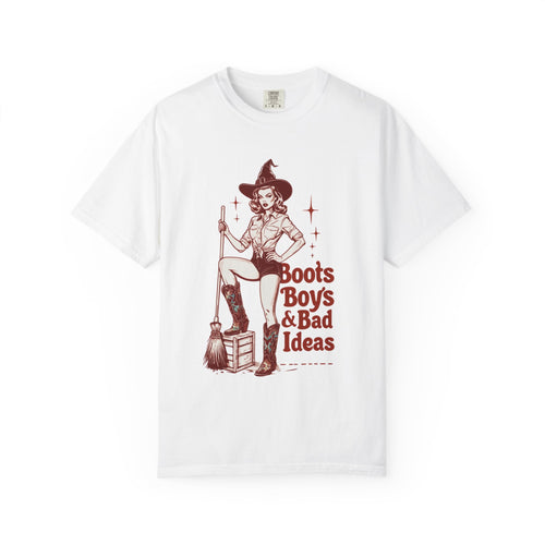 "Boots Boys & Bad Ideas" Cowgirl Witch Halloween T-Shirt — Vintage Country Cowgirl Spooky Season Tee by Wolf Hill Designs