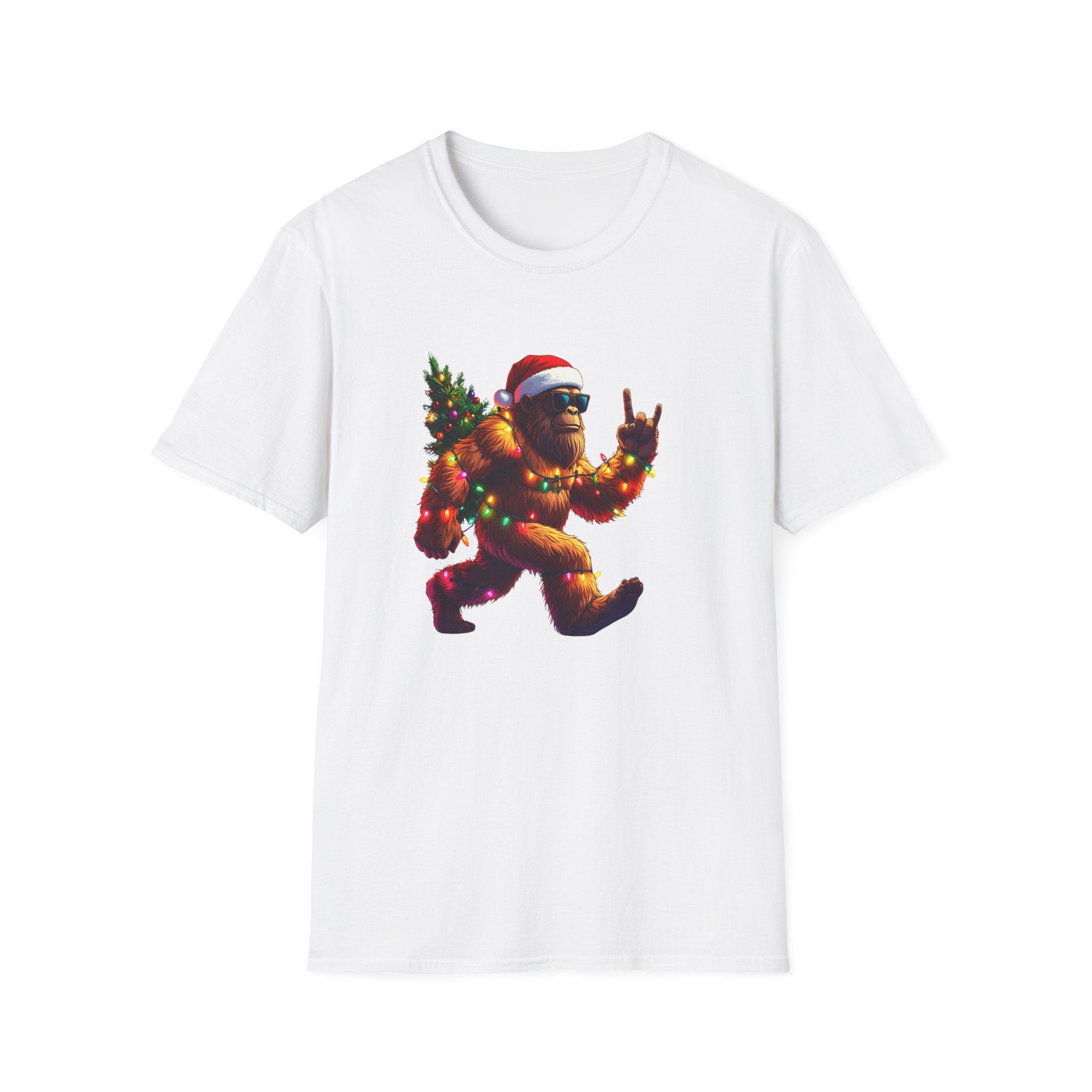 Christmas Sasquatch T-Shirt Festive Bigfoot with Santa Hat & Tree     Trendy TShirt