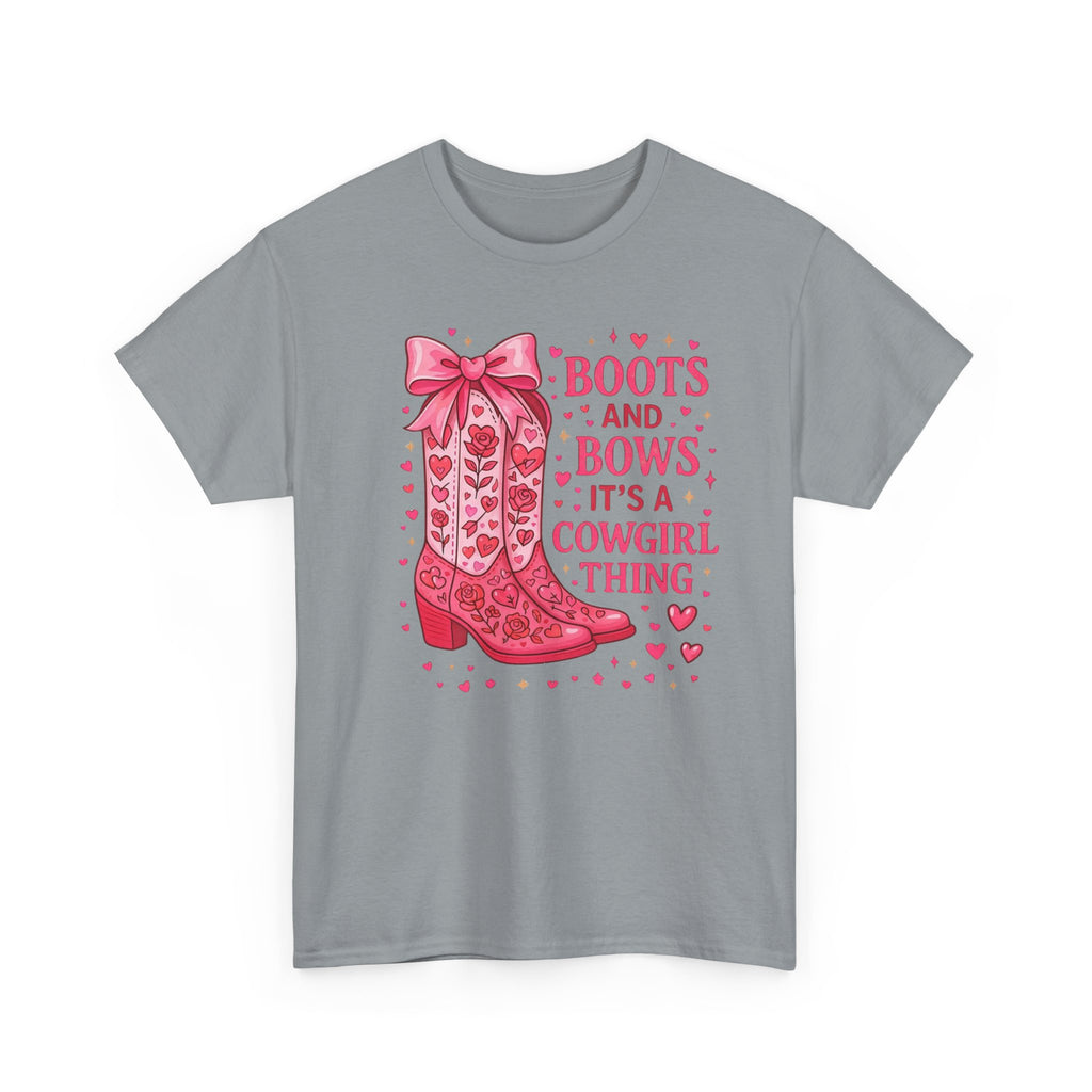 Cowgirl Boots and Bows T‑Shirt — "Boots and Bows, It's a Cowgirl Thing" Pink Western Tee  Trendy Farm