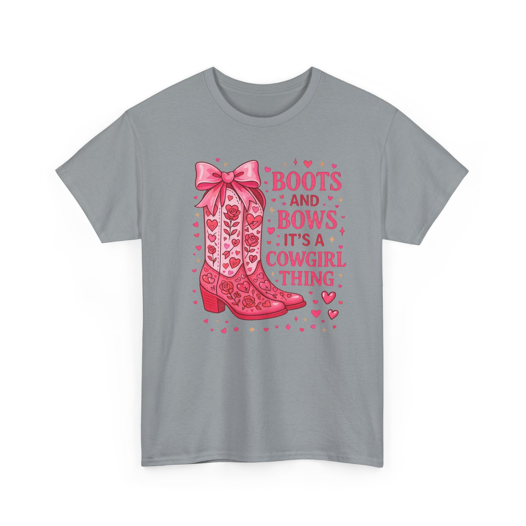 Cowgirl Boots and Bows T‑Shirt — "Boots and Bows, It's a Cowgirl Thing" Pink Western Tee  Trendy Farm