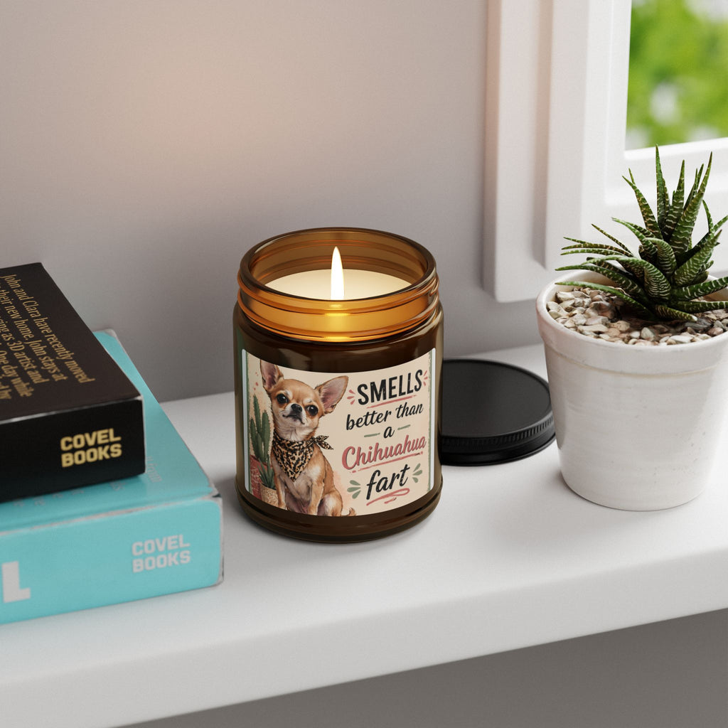 Chihuahua Candle — 'Smells Better Than a Chihuahua Fart' Scented Soy Candle (Amber Jar)