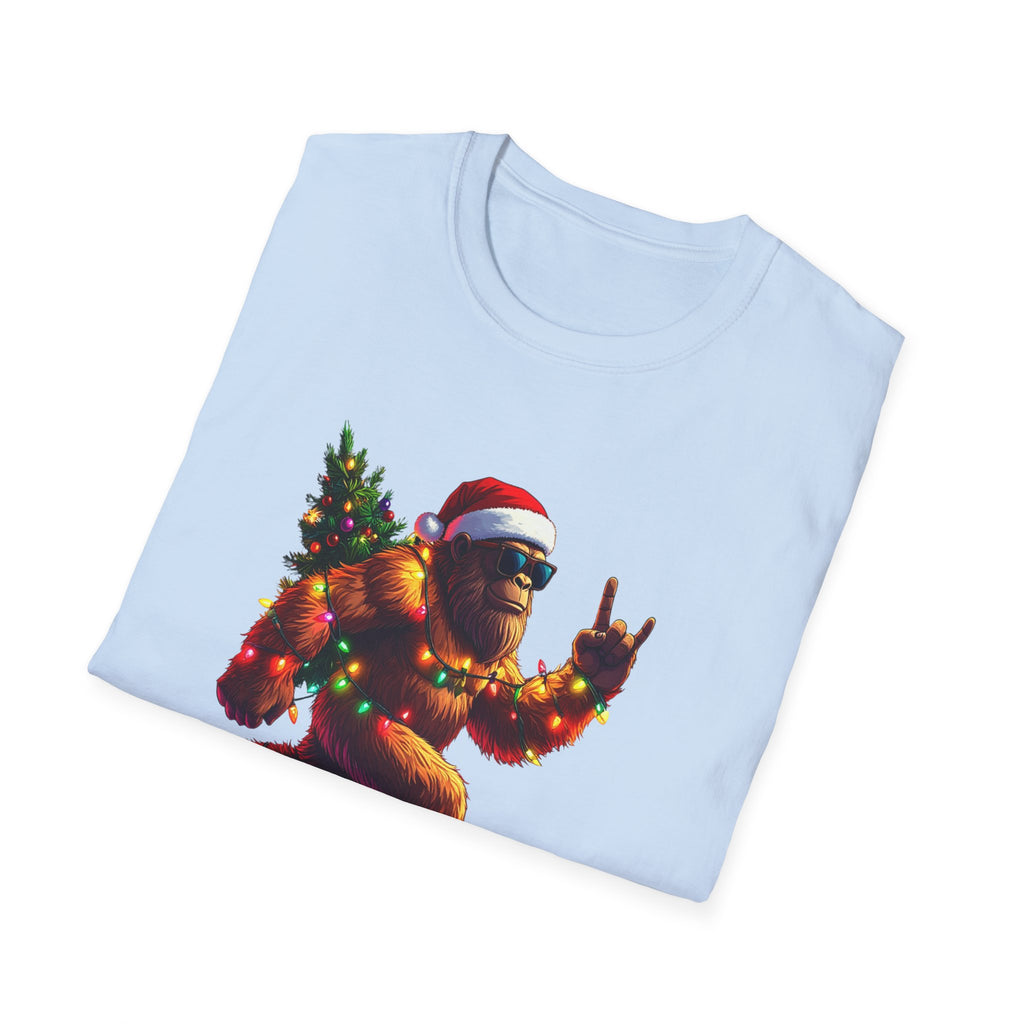 Christmas Sasquatch T-Shirt Festive Bigfoot with Santa Hat & Tree     Trendy TShirt