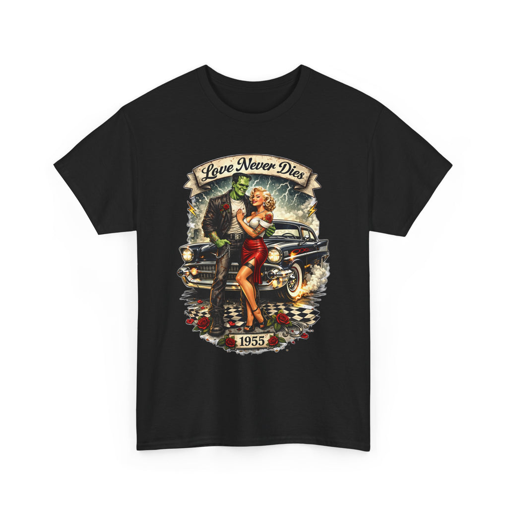 1950s Pinup Car Tee — "Love Never Dies" Vintage Rockabilly T-Shirt
