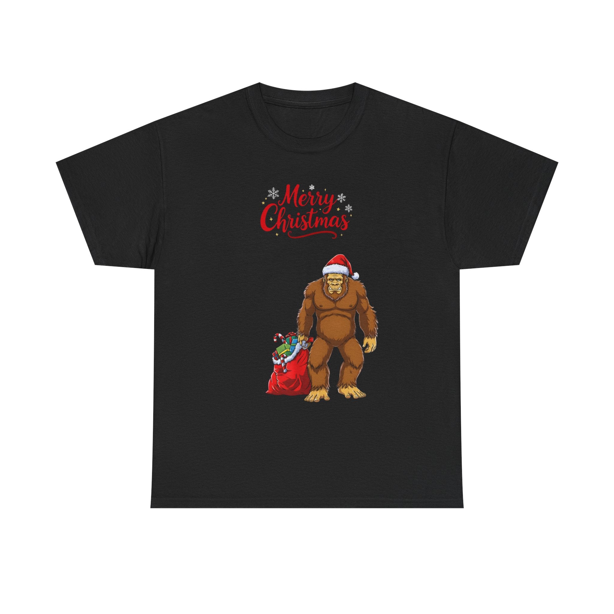 Christmas Sasquatch T-Shirt — "Merry Christmas" Bigfoot with Santa Hat & Gift Sack