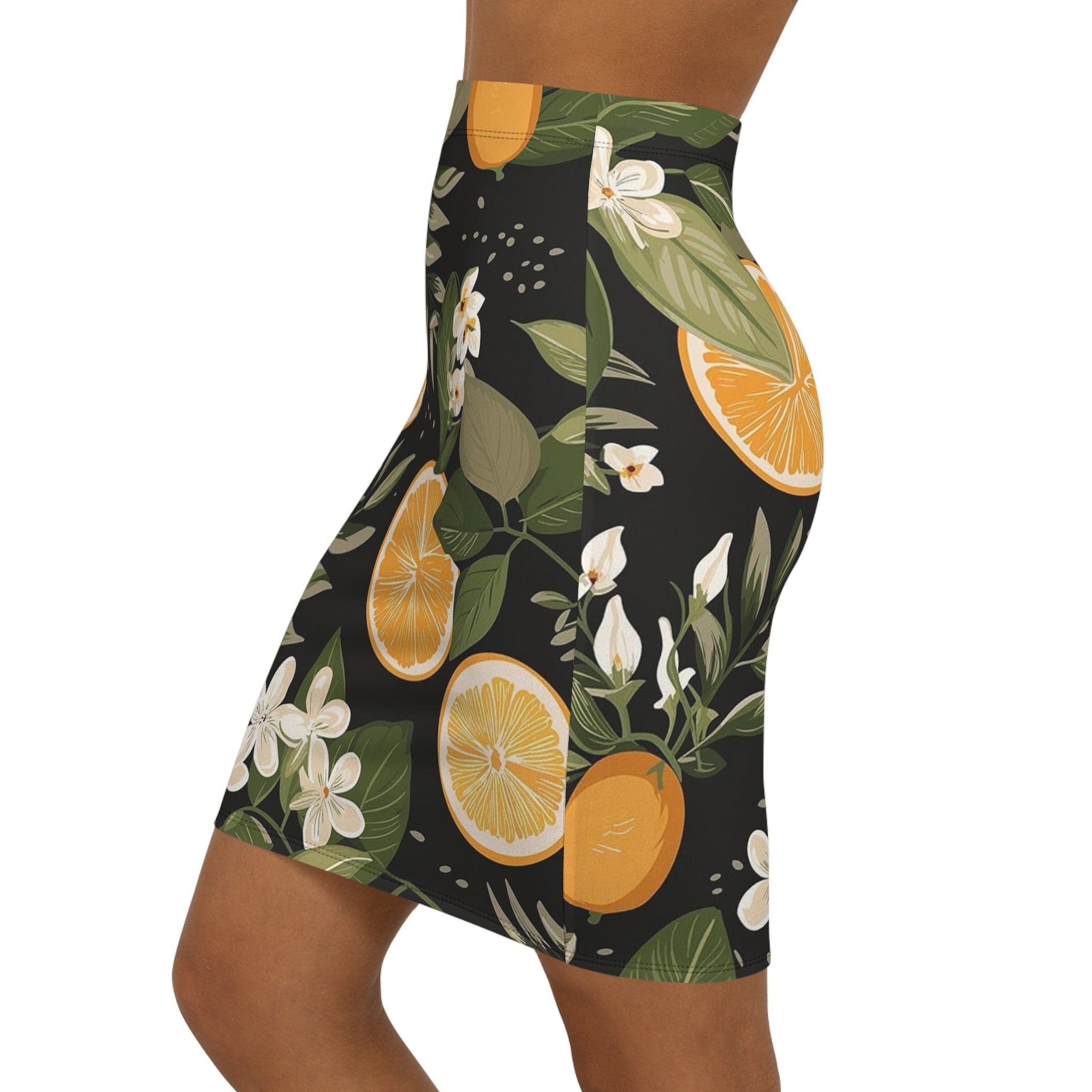 Citrus Blossom Pencil Skirt — Black Orange Floral Mid‑Waist Skirt