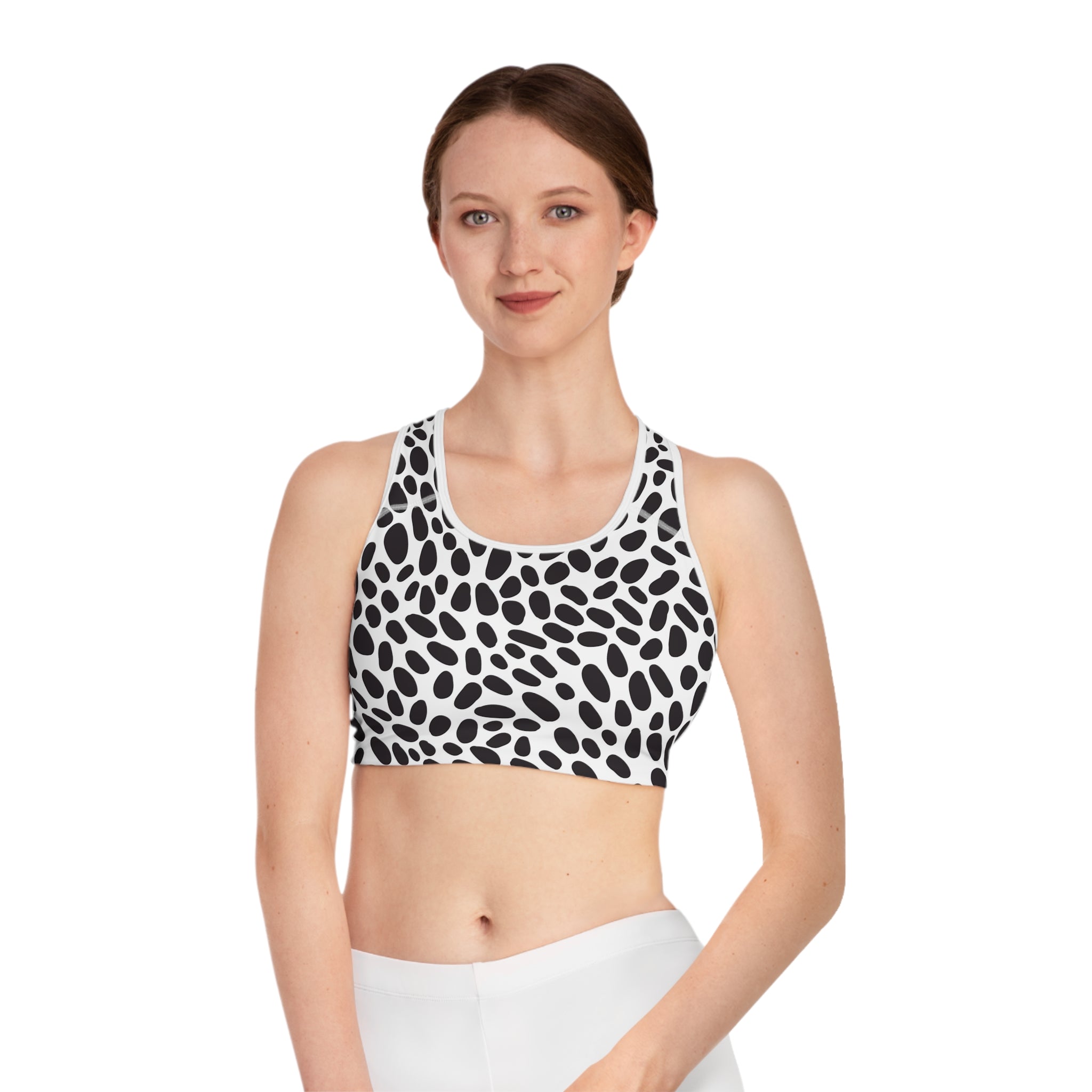 Black & White Dalmatian Spot Sports Bra — Stretchy All-Over Print Activewear