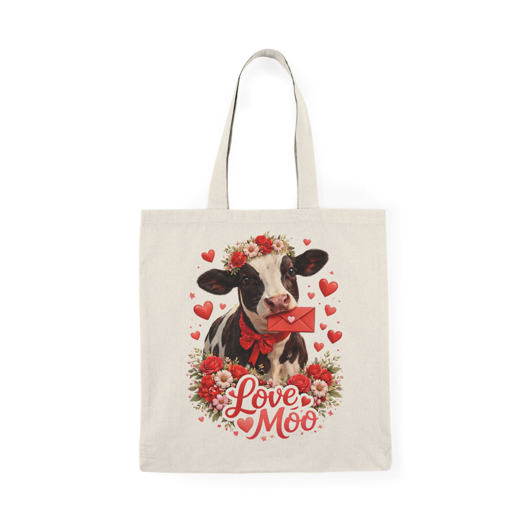 Love Moo Valentine Tote Bag — Cute Cow Valentine’s Day Grocery Tote