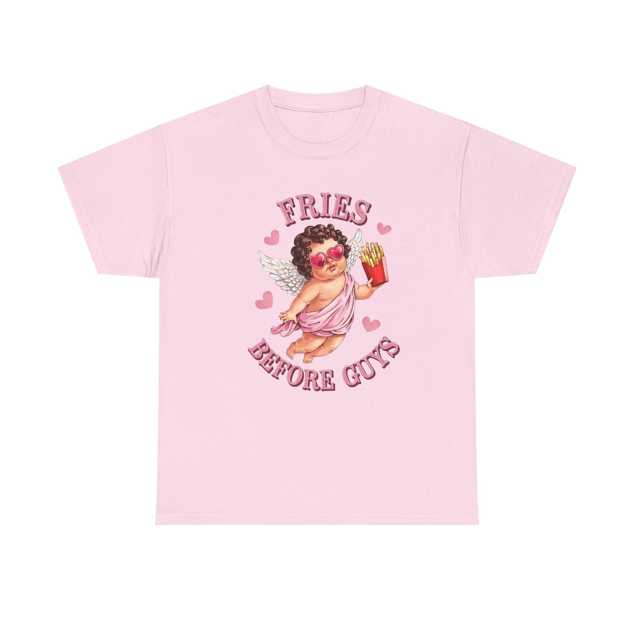 Fries Before Guys Valentine T‑Shirt — Cute Cupid with Fries Tee