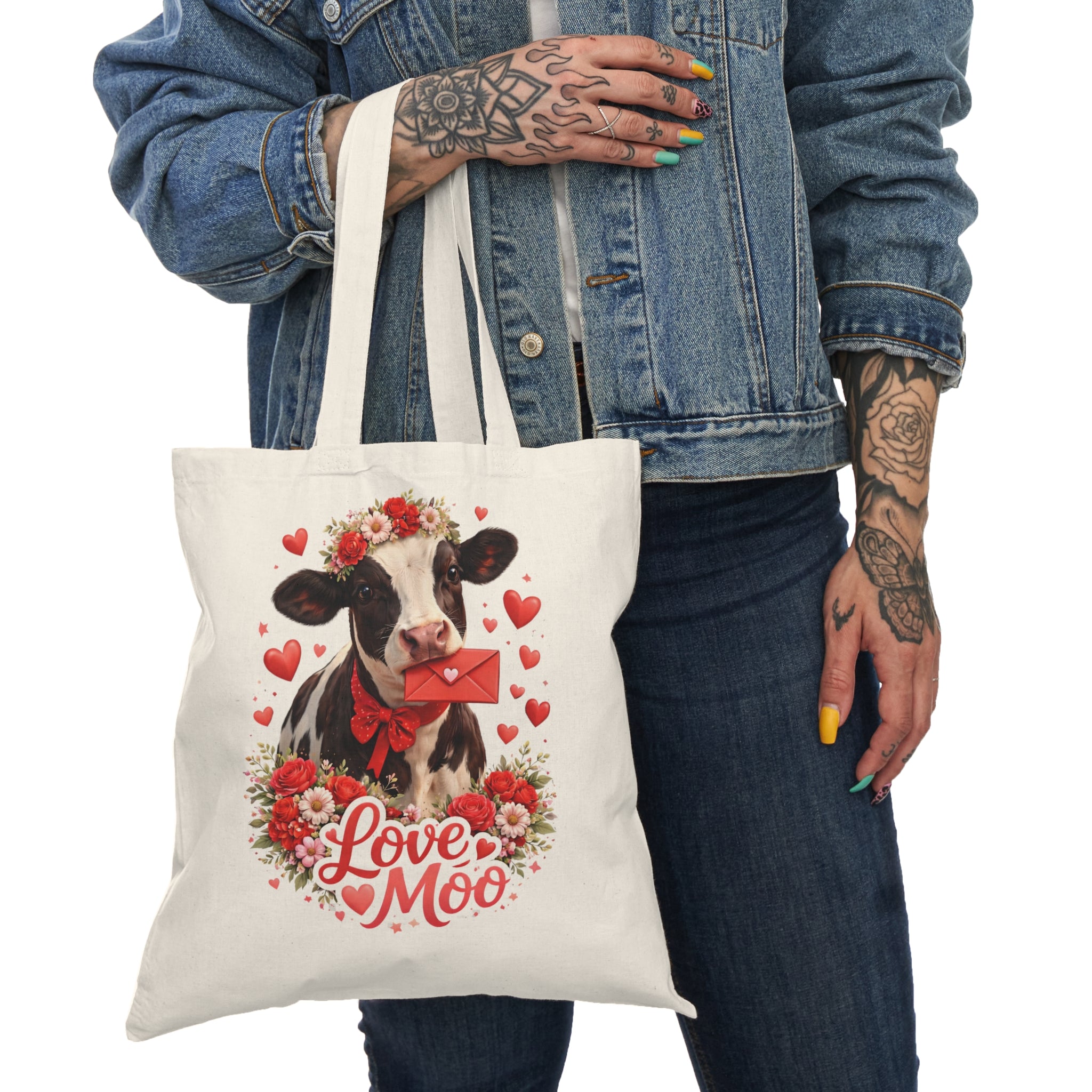 Love Moo Valentine Tote Bag — Cute Cow Valentine’s Day Grocery Tote