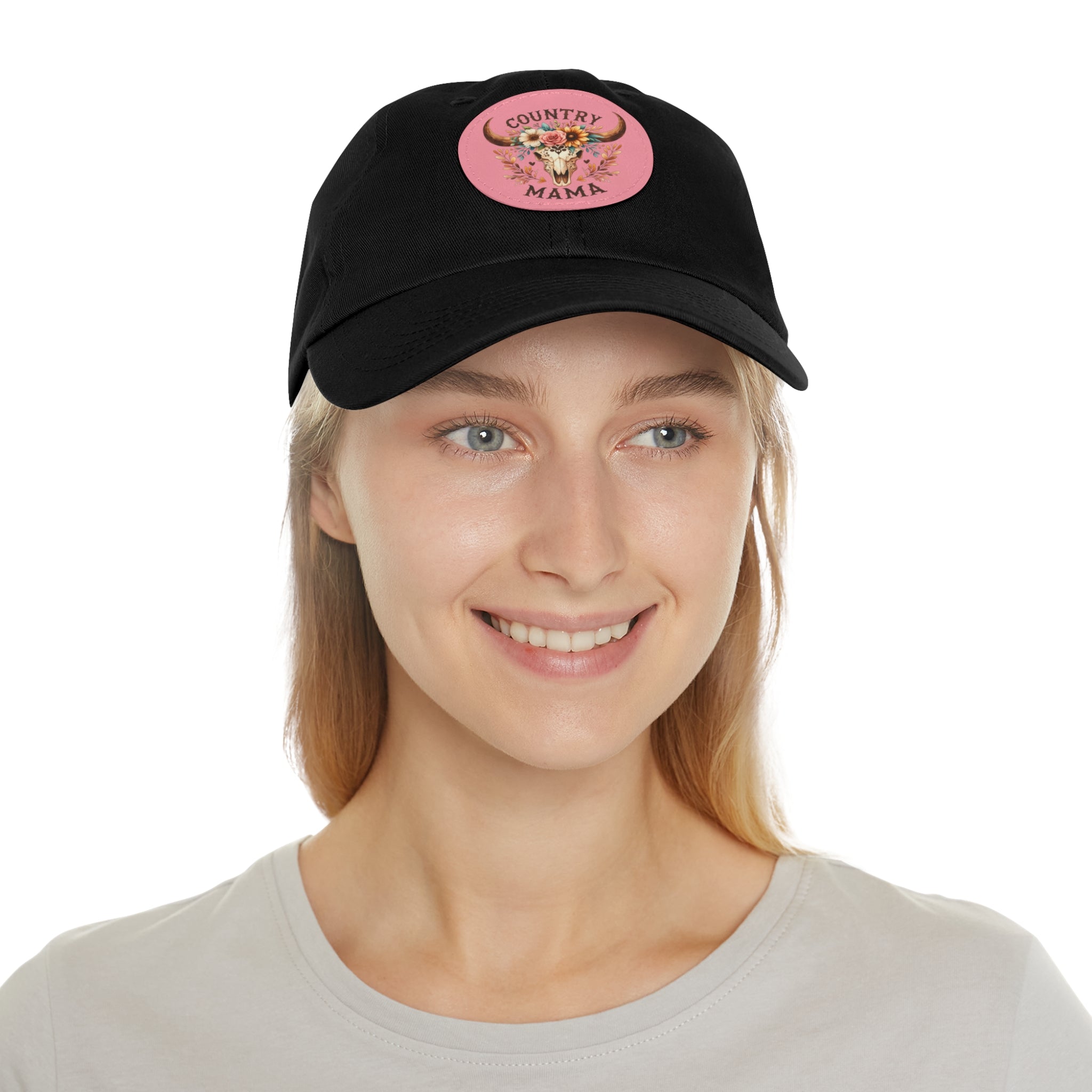 Country Mama Leather Patch Dad Hat — Floral Bull Skull Cap