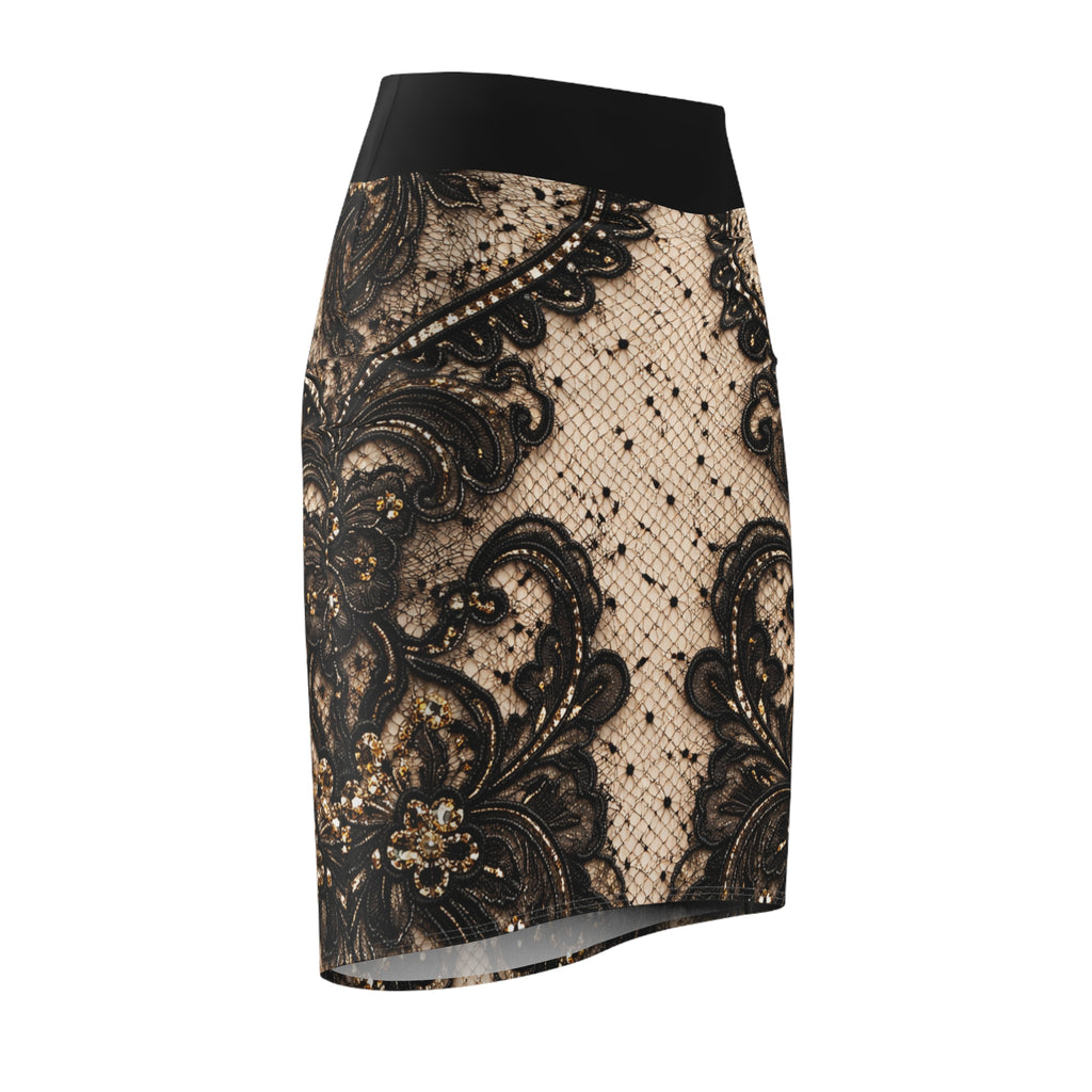 Lace Vintage Pencil Skirt — Black Floral Lace on Nude Sheer Print